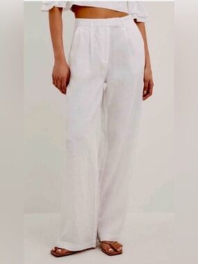 NA-KD Linen Wide Leg Pants Womens EU 34 (S) White High Rise Pleated Trousers 80s